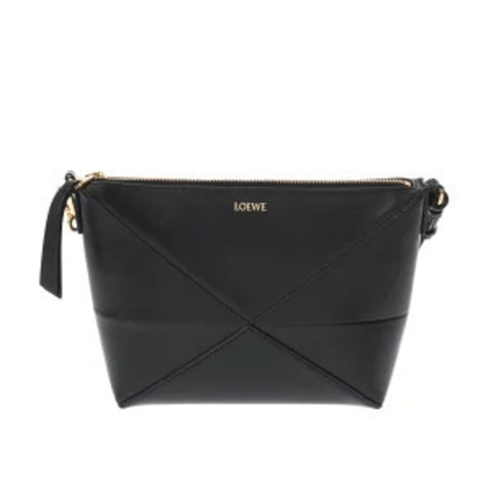 Loewe Puzzlefold Pouch Clutch Black Shiny Calf Leather Handbag